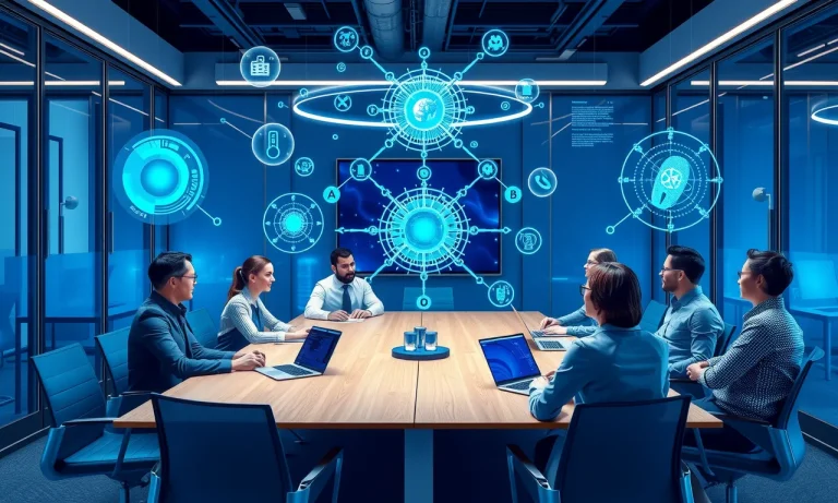 Diverse professionals collaborating around a conference table with holographic AI visualizations and neural network displays in a modern office setting.