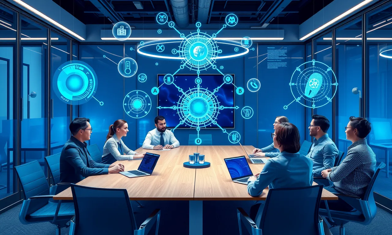 Diverse professionals collaborating around a conference table with holographic AI visualizations and neural network displays in a modern office setting.