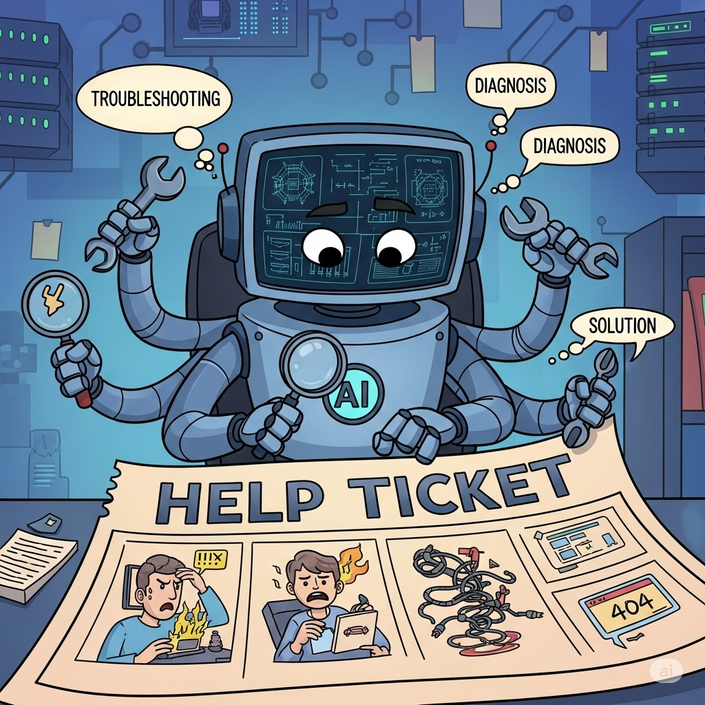 a cartoon robot analyzing a help ticket for IT services